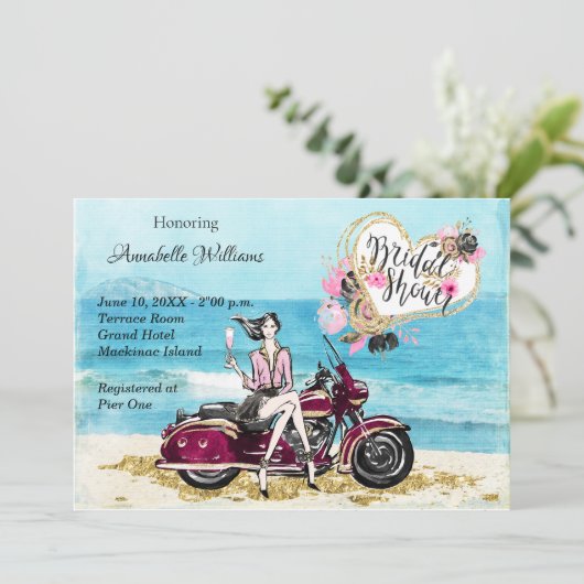 Motorfiets Biker Bruids Douche Uitnodiging (Staand voorkant)
