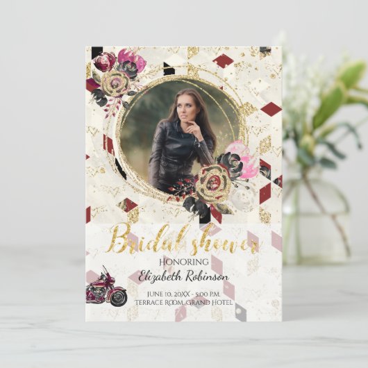 Motorfiets Biker Foto Bruids Douche Uitnodiging (Staand voorkant)