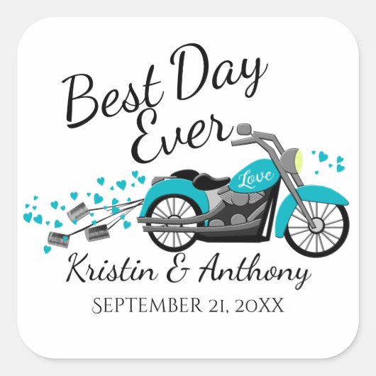 Motorfiets bruiloft Aqua en Grijs Vierkante Sticker (Voorkant)