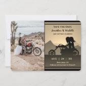 Motorfiets Couple Mountain Photo Weddenschap Save The Date (Voorkant)