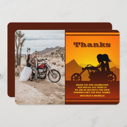 Motorfiets Couple Mountain Sunset Photo Weddenscha Bedankkaart (Voorkant / Achterkant)