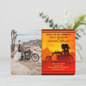 Motorfiets Couple Mountain Sunset Photo Weddenscha Kaart (Staand voorkant)