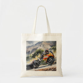 Motorfiets die een berghelling oprijdt tote bag