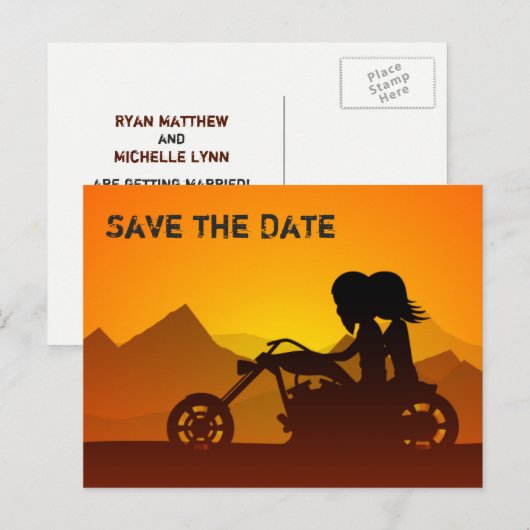Motorfiets en Bergen Trouwen Save the Date Aankondigingskaart (Voorkant / Achterkant)