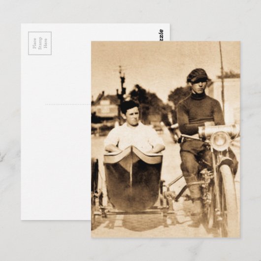 motorfiets en oude leerschool briefkaart (Voorkant / Achterkant)