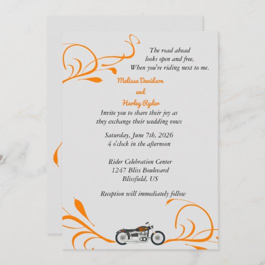 Motorfiets en wervelingen bruiloft uitnodiging (Voorkant / Achterkant)