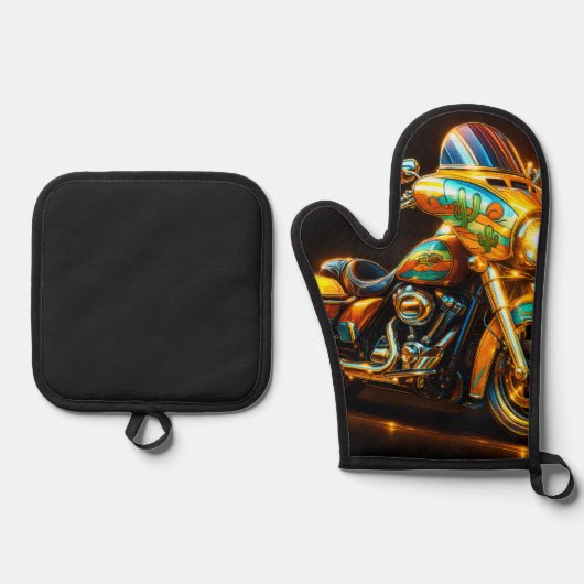 "Motorfiets Flame Ride – Oven Mitt & Pot Houder SE Ovenwant & Pannenlap Set (Voorkant)