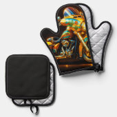 "Motorfiets Flame Ride – Oven Mitt & Pot Houder SE Ovenwant & Pannenlap Set (Voorkant / Achterkant)