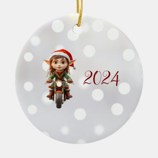 Motorfiets Kerst Elf Keramisch Ornament (Voorkant)