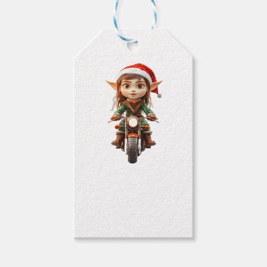 Motorfiets Kerst Elf Witte Gift Labels Cadeaulabel (Voorkant)
