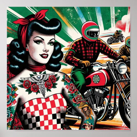 Motorfiets Meisje T-Shirt Poster (Voorkant)