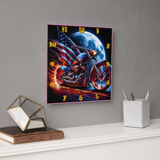 Motorfiets met Amerikaanse vlag tegen volle maan Vierkante Klok (Kantoor)