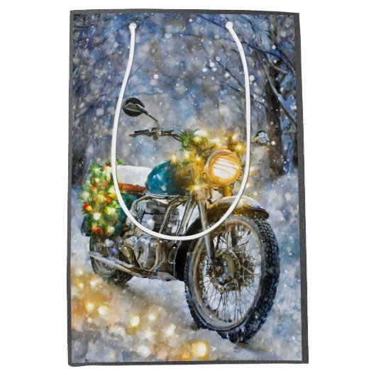 Motorfiets met kerstverlichting medium cadeauzakje (Voorkant)