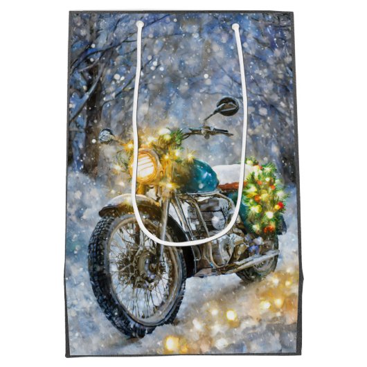 Motorfiets met kerstverlichting medium cadeauzakje (Achterkant)