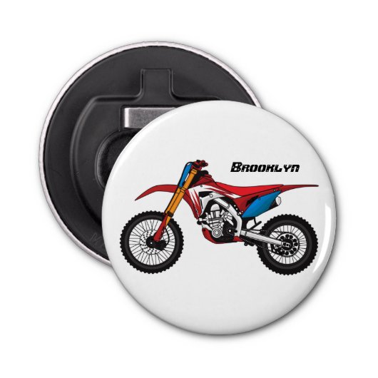 Motorfiets met rode vuilniswagen button flesopener (Voorkant)