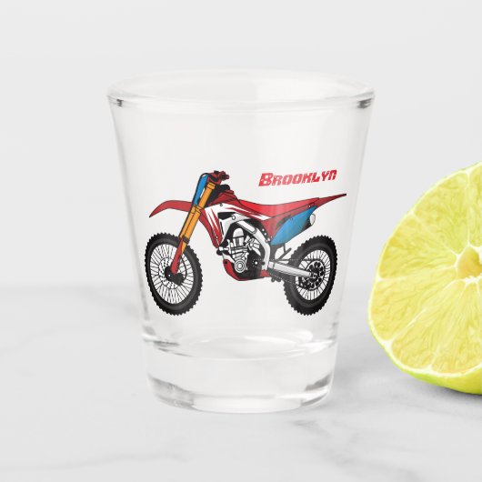 Motorfiets met rode vuilniswagen shot glas (Voorkant)