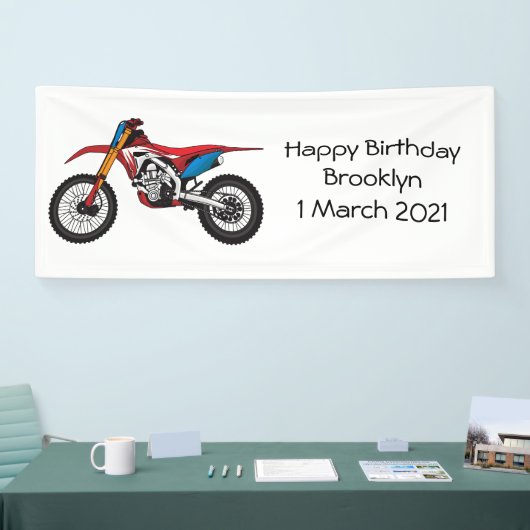 Motorfiets met rode vuilniswagen spandoek (Beurs)