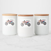 Motorfiets met rode vuilniswagen voedselcontainer etiket (Flessen)