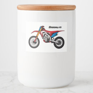 Motorfiets met rode vuilniswagen voedselcontainer etiket