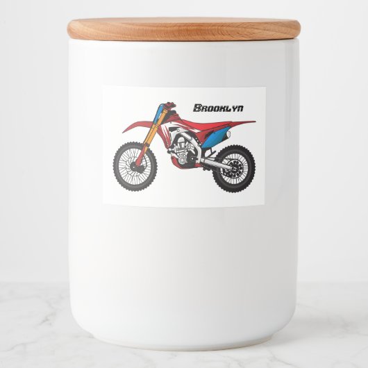 Motorfiets met rode vuilniswagen voedselcontainer etiket (Voorkant)
