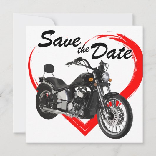 Motorfiets met rood harthuwelijk save the date (Voorkant)