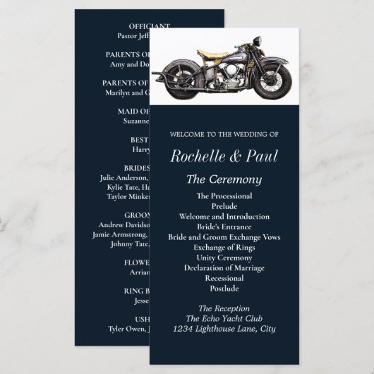  Motorfiets Navy Modern Wedding Programma (Voorkant / Achterkant)