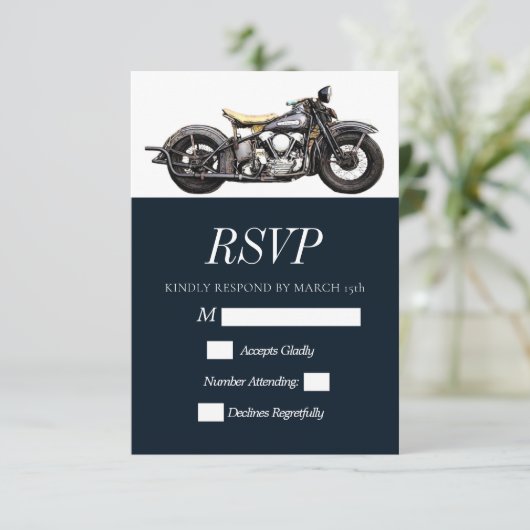  motorfiets Navy Modern Wedding RSVP Kaartje (Staand voorkant)