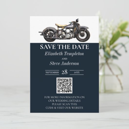 motorfiets Navy Modern Wedding Save The Date (Staand voorkant)