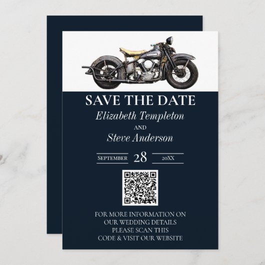  motorfiets Navy Modern Wedding Save The Date (Voorkant / Achterkant)