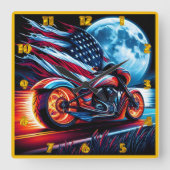 Motorfiets onder volle maan, Amerikaanse vlag Vierkante Klok (Voorkant)