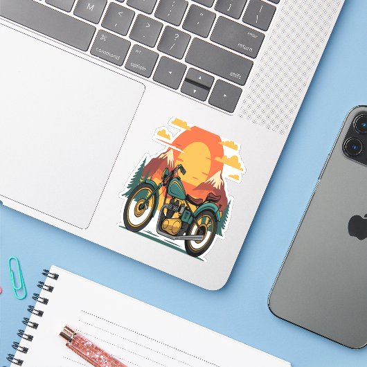 Motorfiets Retro  Zonsondergang Sticker (Laptop met iPhone)
