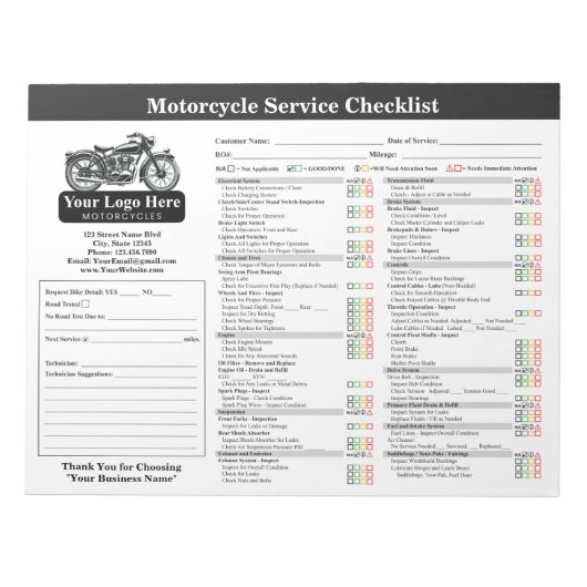 Motorfiets Service Checklist 8.5x11 Liggend Notitieblok (Voorkant)