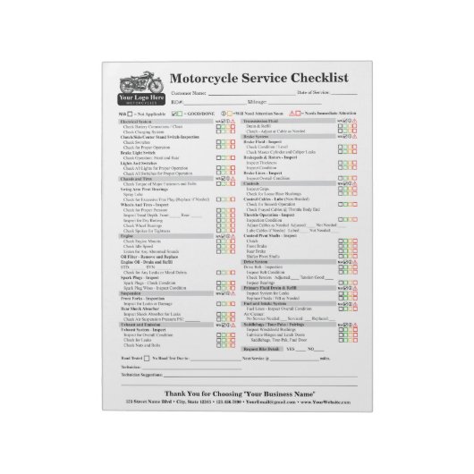 Motorfiets Service Checklist 8.5x11 Notitieblok (Linkerzijde)