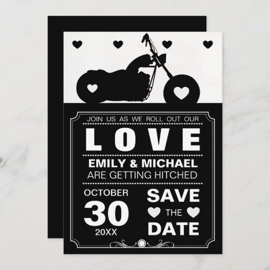 Motorfiets Silhouet Zwart & Wit Save the Date (Voorkant / Achterkant)