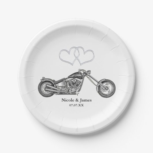 Motorfiets & Silver Hearts Biker Bruiloft Papieren Bordje (Voorkant)