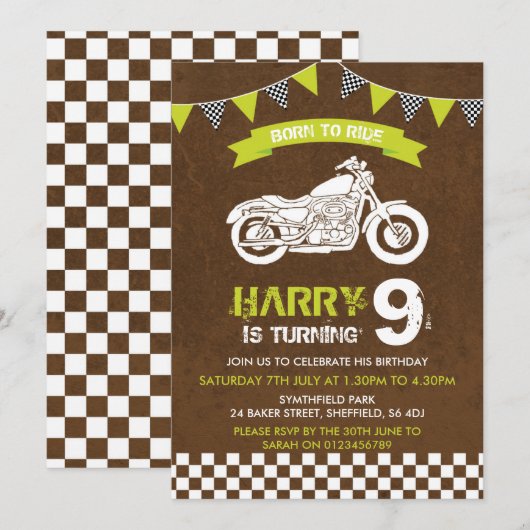 Motorfiets thema verjaardagsfeestje uitnodiging (Voorkant / Achterkant)
