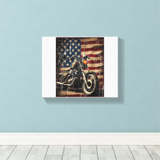Motorfiets USA Flag Retro Biker Canvas Afdruk (Insitu (Houten vloer))