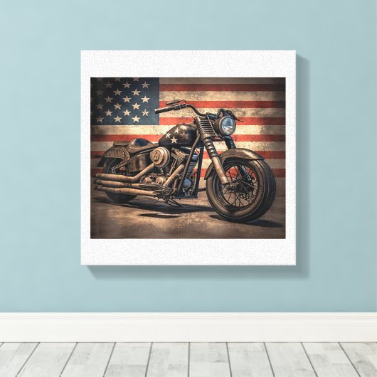 Motorfiets USA Flag Retro Biker Canvas Afdruk (Insitu (Houten vloer))