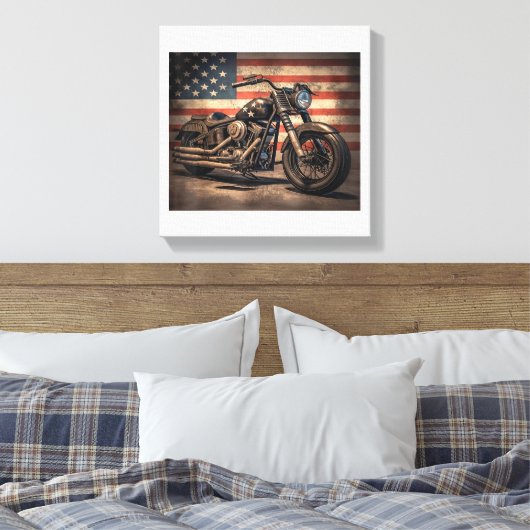 Motorfiets USA Flag Retro Biker Canvas Afdruk (Insitu (Slaapkamer))