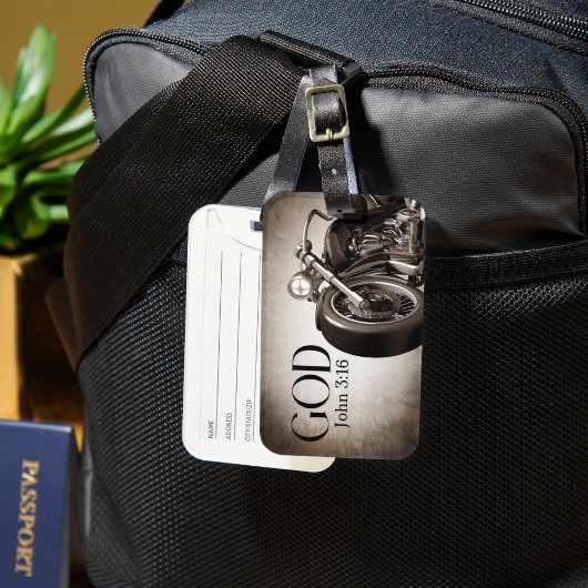 motorfiets w / Bold 'GOD' Johannes 3:16 Vers Bagagelabel