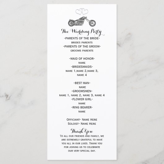 Motorfiets & Zilveren Harten Biker Huwelijksprogra Programmakaart (Achterkant)