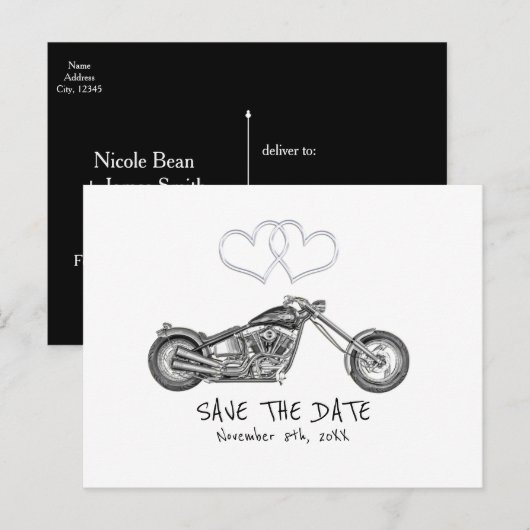 Motorfiets & Zilveren Hartjes Biker Save The Date Aankondigingskaart (Voorkant / Achterkant)