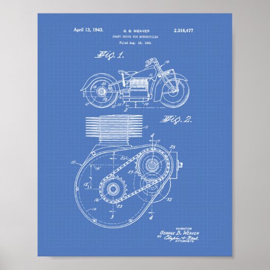 Motorfietsen 1943 Patent Art Blueprint Poster (Voorkant)