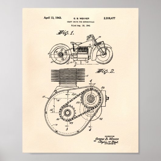 Motorfietsen 1943 Patent Art Old Peper Poster (Voorkant)