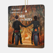 Motorfietsen herfst bosparen eerste kerstmis keramisch ornament (Links)