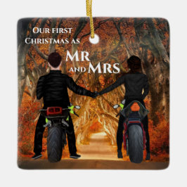 Motorfietsen herfst bosparen eerste kerstmis keramisch ornament