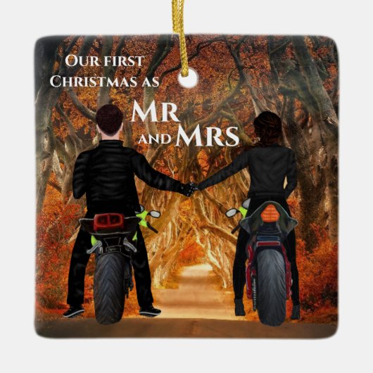 Motorfietsen herfst bosparen eerste kerstmis keramisch ornament (Voorkant)