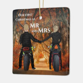 Motorfietsen herfst bosparen eerste kerstmis keramisch ornament (Links)
