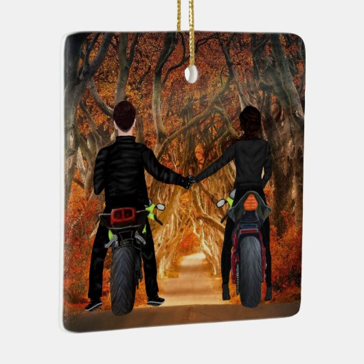 Motorfietsen herfst kerstparen keramisch ornament (Rechts)