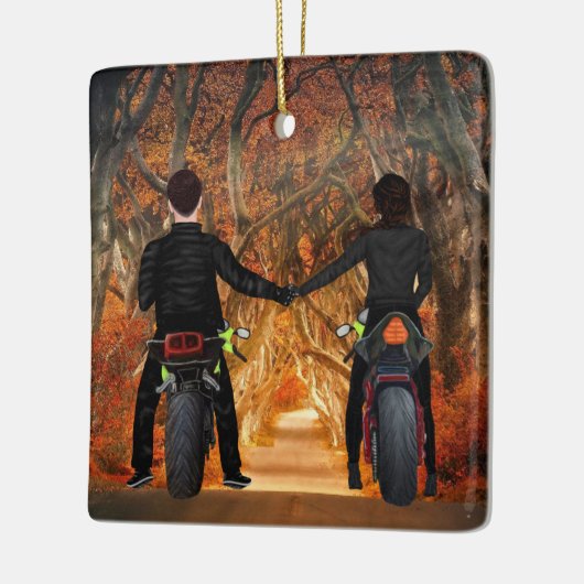 Motorfietsen herfst kerstparen keramisch ornament (Links)
